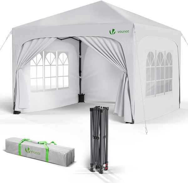 VOUNOT Pavillon 3x3 m mit 4 Seitenteilen & 4 Sandsäcke, Pop Up Faltpavillon, Wasserdicht, Faltbar Gartenzelt Partyzelt, inkl. Tasche, Weiß