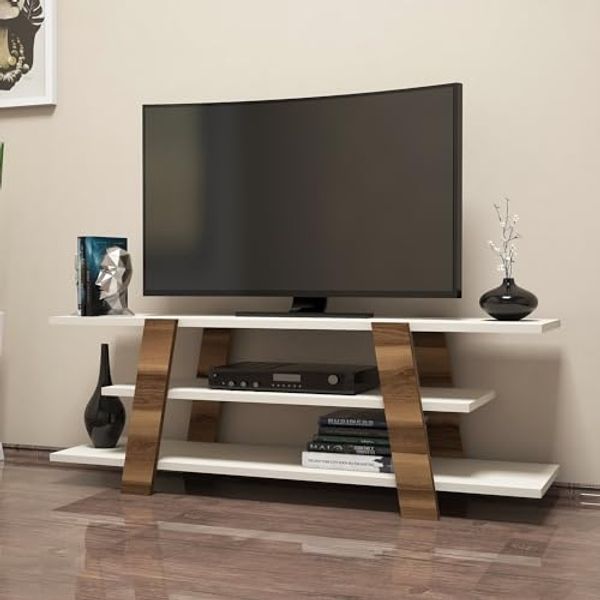 Hanah Home Modern TV Stand with Wall-Mount Option, Walnut & Cream, 120 x 42 x 33.6 cm | 100% Melamine Coated, 18 mm Thick, Multiple Shelves | Stylish & Functional Design