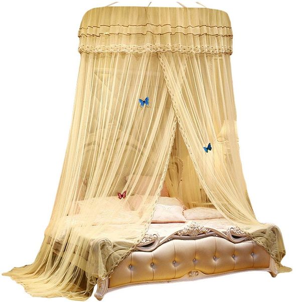 Kaiyei Moskitonetz Universal Himmelbett für Doppel, Einzel, Kinderbetten, Prinzessin Betthimmel Rund mit Klebehaken Schlafzimmer Schmetterling Dekoration Romantisch Palast Beige Gelb 180cm×200cm