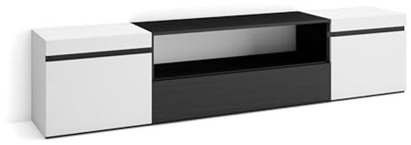 Skraut Home | TV-Schrank, Lowboard | für Wohnzimmer und Esszimmer | 200 x 45 x 35 cm | Für TV-Geräte bis zu 80" | Fernsehtisch | Moderner Stil | Weiß und Schwarz