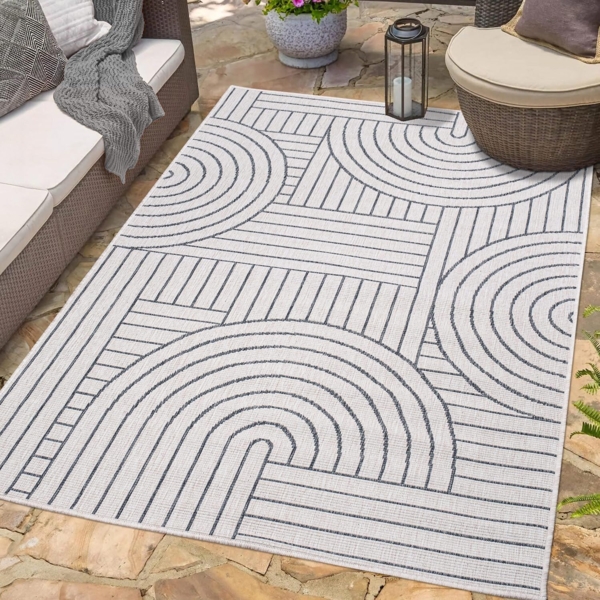 In- & Outdoor-Teppich Grau, Creme - Wendeteppich - 200x290 cm - Geometrisches Muster - Wetterbeständig für Balkon, Terrasse - Teppiche Modern Indoor Wohnzimmer, Küche