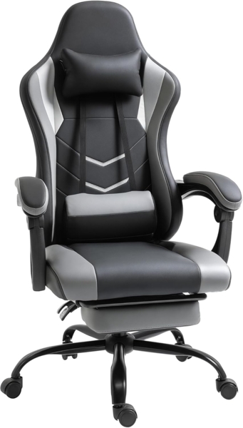 Vinsetto Ergonomischer Gaming Stuhl Bürostuhl Schreibtischstuhl, Drehstuhl Höhenverstellbar, Verstellbares Massage Lendenkissen mit Fußstützen Schwarz 62 x 52 x 128 cm