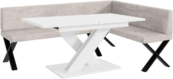 MEBLINI Eckbank für Esszimmer mit ausziehbarem Tisch - Küchenbank - Essecke - Sitzecke Küche - TONI - X-Beine 142x196x87cm Rechts - Beige Samt/B Weiß Matt
