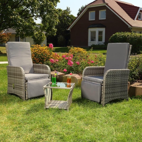 Sitzgarnitur 2 Sessel + Tisch Grau Polyrattan Lounge Garnitur Gartenmöbel Stuhl