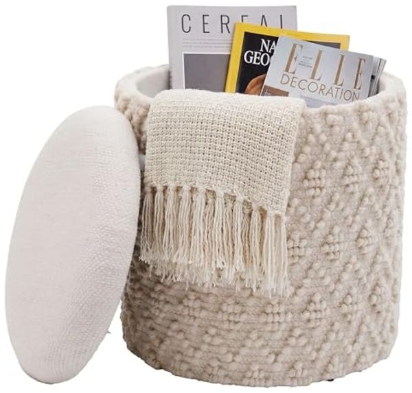Sitzhocker mit Stauraum aus Wolle 40cm Creme Stoff Rund - Design Boho Stoffhocker mit abnehmbarem Deckel - Polsterhocker Schminktisch Hocker - Beistellhocker für Wohnzimmer Handmade