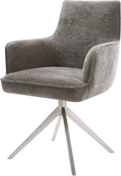 Drehstuhl Heira-Flex mit Armlehnen Bouclé Soft Schlamm Kreuzgestell breit Edelstahl 360° drehbar Wippfunktion Taschenfederkern