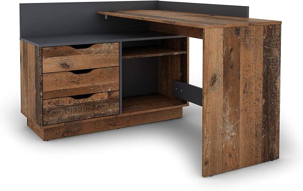 byLIVING Winkelschreibtisch BELFAST / Rechts oder Links montierbar / 3 Schubkästen / Old Wood-Optik - anthrazit /Bürotisch / Eckschreibtisch / Schreibtisch / B 129, H 83,5, T 105 cm