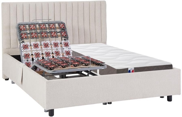 Vente-unique - Dekoratives Bett mit elektrischer Relaxfunktion mit Tellern + 3-Zonen-Matratze aus 100 % Latex - 2 x 70 x 190 cm - Stoff - Beige - TIARI von YSMÉE Bild 2