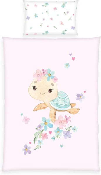 Herding Baby Kinder Renforce Bettwäsche Little Turtle rosa Blumen 100x135 cm