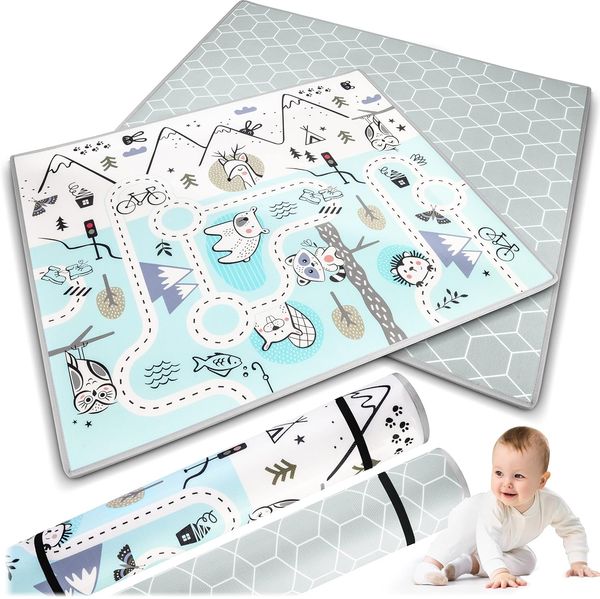 NUKIDO Baby-Schaumstoffmatte Doppelseitig Niedlich Buntes Design zum Spielen Krabbeln Ideal als Geschenk Rollbar Dicke 1,5 cm Größe 180x150 cm Blau