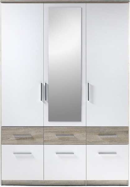 Polpower 'Box' Kleiderschrank, Drehtürenschrank 3-türig, Weiss / Eiche Sägerau, mit Spiegel, ca. 135 cm