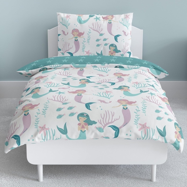 LINKHOFF Kinderbettwäsche Kinder Bettwäsche-Set 135x200cm Meerjungfrau in Türkis Blau, Mädchen Bettwäsche Meerjungfrauen und Sterne mit Reißverschluss
