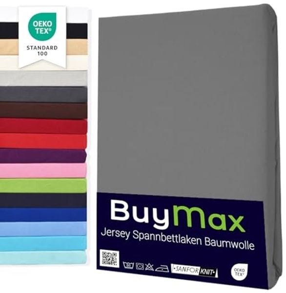 Buymax® Spannbettlaken 70x140 cm Doppelpack 100% Baumwolle Kinderbett Spannbetttuch Baby Bettlaken Jersey, Matratzenhöhe bis 15 cm, Farbe Anthrazit-Grau