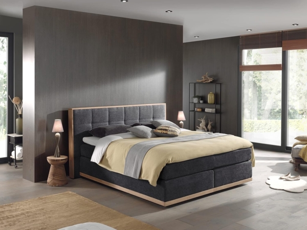 Mivano Levana Boxspringbett mit Sockel aus Eiche, 7-Zonen-Federkern, Matratzen H2 + Topper Premium, Chenille, Schwarz, Liegefläche 160x200 cm Bild 2