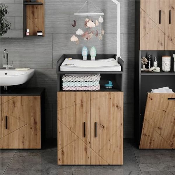 Wickelkommode Irma Anthrazit/Goldkraft Eiche 60 x 97 cm mit Wickelaufsatz Vicco