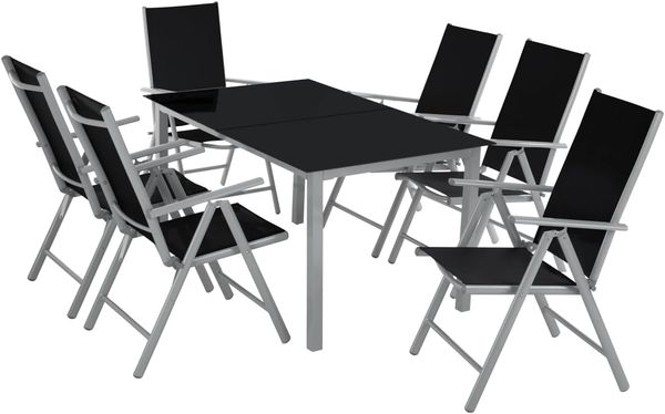 tectake® Sitzgarnitur Aluminium Klappstühle, Lounge Set mit 6X Stühle und 1x Glastisch Esstisch, Gartenmöbel Set wetterfest für den Balkon, Gartenstühle, Terrassenmöbel, Liegestuhl - Silber