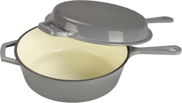 ECHTWERK Bratpfanne Grillpfanne 2-in-1 Set, Gusseisen (Schmortopf aus Gusseisen inklusive Deckel), Emaille-Beschichtung. Kombi-Schmortopf.