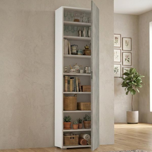 Dmora - Mehrzweckschrank 1 Tür Fiordaliso, linearer Schrank mit 1 Tür und 7 Regalen, Säule für Eingang oder Badezimmer, modernes Schuhregal, 100 % Made in Italy, 50 x 30 x 182 cm, Zement und Weiß