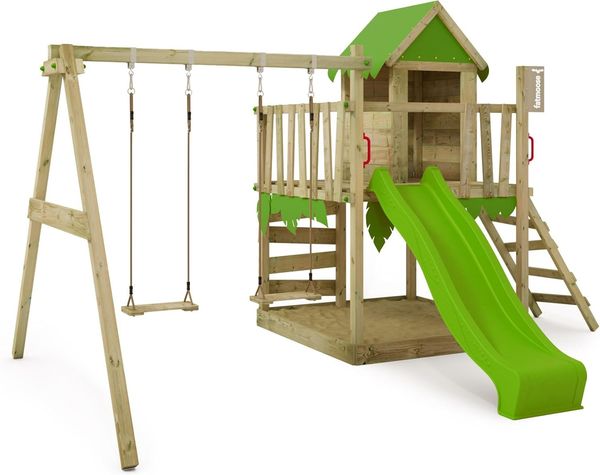 FATMOOSE Spielturm Klettergerüst 'JazzyJungle', mit Schaukel & apfelgrüner Rutsche, Spielhaus mit Sandkasten, Leiter & Spiel-Zubehör, Podesthöhe 1,20 m, ab 3 Jahren