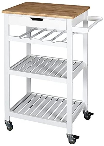 HOME DECO FACTORY HD7103 Servierwagen auf Rollen, 40 x 62,5 x 85,5 cm, fahrbare Aufbewahrung, für Küche, Esszimmer, Weiß/Holz