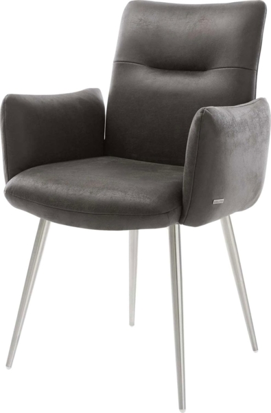 Esszimmerstuhl Jova-Flex mit Armlehnen Mikrofaser Anthrazit Vintage 4-Fuß konisch Edelstahl Taschenfederkern