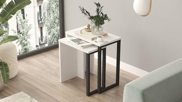 Hanah Home Elegant White Nesting Tables (2 Pieces), 100% Melamine Coated Particle Board, Metal Legs | Dimensions: 51 x 52.8 x 29.5 & 44.5 x 47.8 x 24.5 cm | Stylish & Functional for Modern Spaces