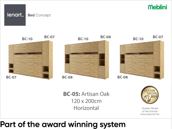 MEBLINI Schrankbett Bed Concept - BC-05 - 120x200cm Horizontal - Artisan Eiche mit Matratze - Wandbett mit Lattenrost - Klappbett mit Schrank - Wandklappbett - Murphy Bed - Bettschrank Bild 3