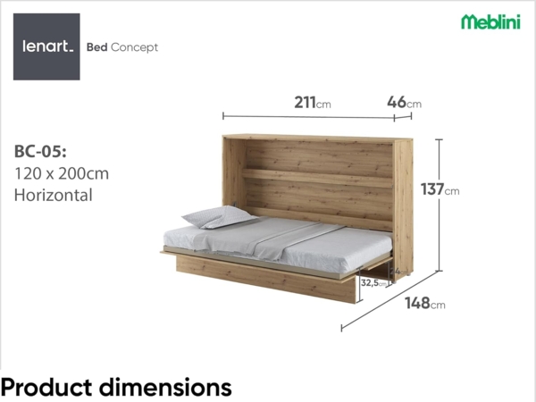 MEBLINI Schrankbett Bed Concept - BC-05 - 120x200cm Horizontal - Artisan Eiche mit Matratze - Wandbett mit Lattenrost - Klappbett mit Schrank - Wandklappbett - Murphy Bed - Bettschrank Bild 7