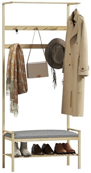 HOMCOM Garderobenständer Garderobe mit Schuhbank, Haken, Schuhregal, (Kleiderständer, 1 St, Jackenständer), für Eingangsbereich, Flur, Bambus, Natur