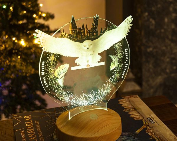 Geschenkelampe Nachttischlampe Hedwig Hogwarts Harry Potter Eule mit 3D Vision Nachtlicht für Kinder, Leuchte 7 Farben fest integriert, Geburtstagsgeschenk für Freunde, Babys, Mädchen, Jungen, HP Fans