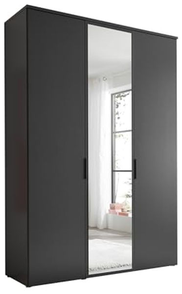 Drehtürenschrank >LOBATO< 3 Türe, Graphit und Spiegel - 151,7x225x52cm (BxHxT)
