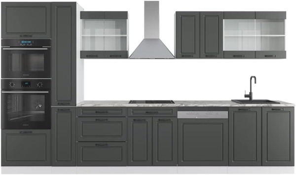 Küchenzeile R-Line Anthrazit Landhaus/Weiß 350 cm mit Hochschrank, ohne Arbeitsplatte Vicco