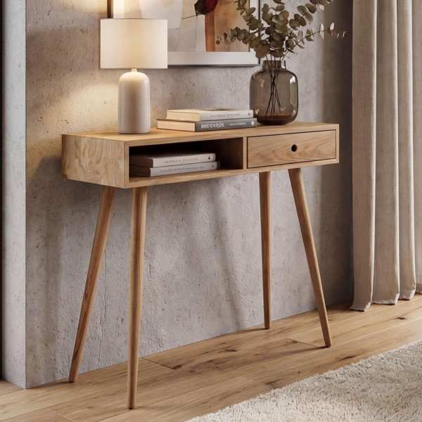 MCA Konsolentisch HWC-P55, Telefontisch Beistelltisch Ablagetisch, Massiv-Holz Schublade Staufach 80x80x34cm, Eiche