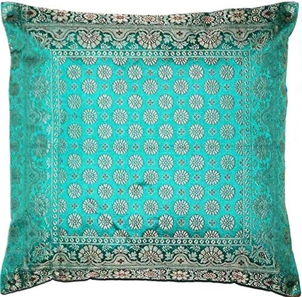 Handgewebter indischer Banarasi Seide Deko-Kissenbezug in Turkis-Grün - 40 cm x 40 cm