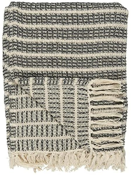 IB Laursen Decke 130x160cm Tages Plaid creme dunkel grau Streifen Fransen Wohn