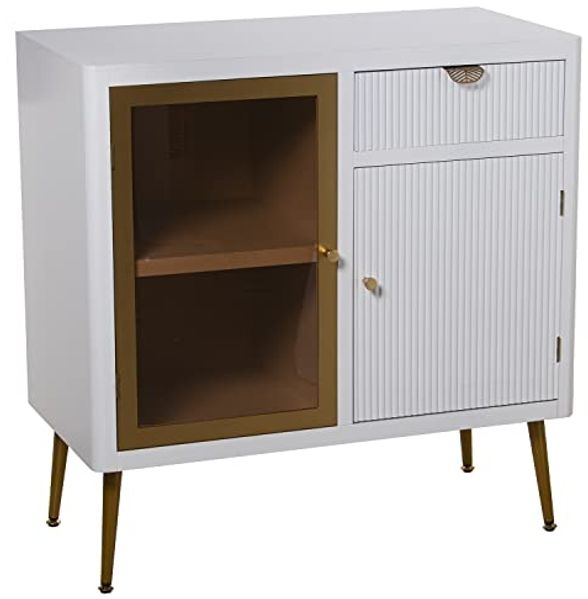 DRW Eingangsschrank aus Holz mit 2 Türen, 1 Glas und 1 Schublade in Weiß und Gold, 80 x 40 x 81 cm, Höhe: 20,5 cm, Dorado