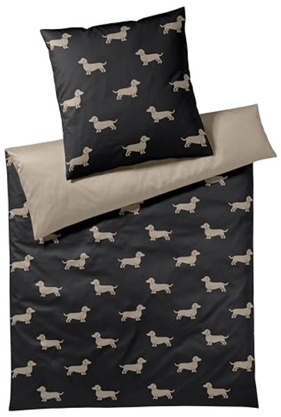 elegante Mako-Satin Bettwäsche Dogs schwarz beige|135x200 cm + 40x80 cm