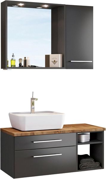 Bad-Set 4-tlg. 'Davos' Grau, mit LED-Spots, Hängeschrank und Unterschrank mit Fächern, Waschbecken links