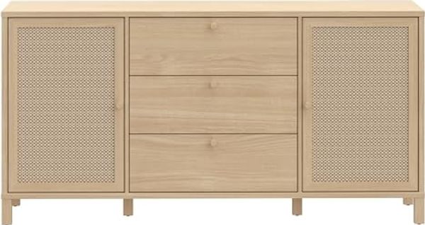 Forte SKELBIT Sideboard 160, große Kommode im Boho-Stil, 2-türig, 3 Schubladen, Holzwerkstoff, Wohn-/Schlafzimmer, Elegancia Eiche Holzdekor|Technorattan, 162,8 cm breit x 82,5 cm hoch x 42 cm tief Bild 3