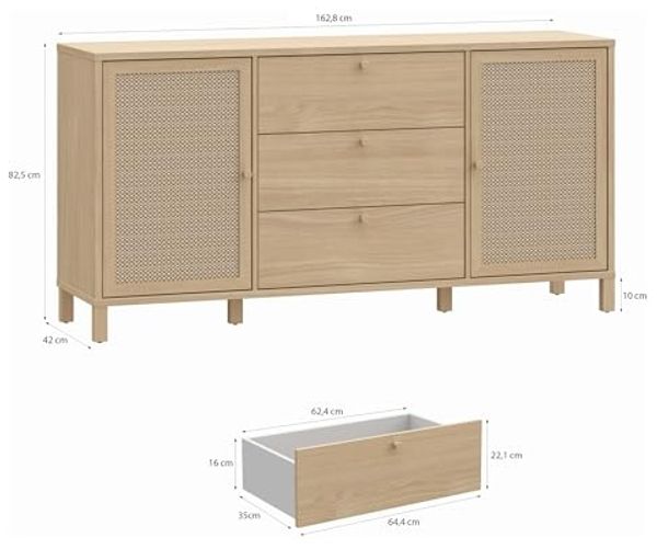 Forte SKELBIT Sideboard 160, große Kommode im Boho-Stil, 2-türig, 3 Schubladen, Holzwerkstoff, Wohn-/Schlafzimmer, Elegancia Eiche Holzdekor|Technorattan, 162,8 cm breit x 82,5 cm hoch x 42 cm tief Bild 2