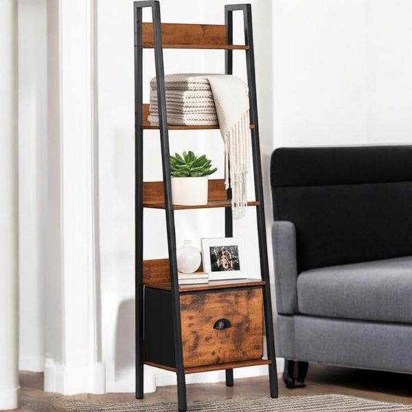 FurnitureR Regal für Wohnzimmer, Leiterregal mit 5 Ebenen, Höhe 110 cm, Industrie-Bücherregal, Ausstellungsregal für Wohnzimmer, Aufbewahrung mit Schubladen aus Vlies, 42 x 29 x 141 cm