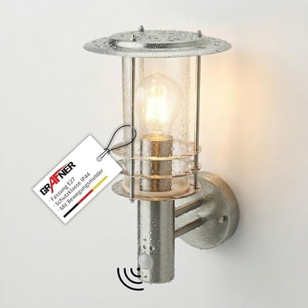 Grafner Außen-Wandleuchte Edelstahl Wandlampe mit Bewegungsmelder 17WBPIR, ohne Leuchtmittel, Wandlampe