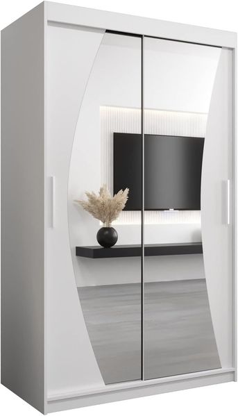Schwebetürenschrank Wave 120 cm mit Spiegel Kleiderschrank mit Kleiderstange und Einlegeboden Schlafzimmer- Wohnzimmerschrank Schiebetüren Modern Design (Weiß)