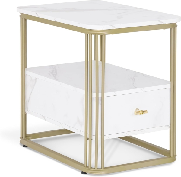 M MCombo Beistelltisch mit Schublade, Modern Sofatisch Marmor Weiß Gold, Klein Kaffeetisch Metallgestell, Nachttisch mit 2 Ablagen, Couchtisch für Wohnzimmer, 60x40x55, 2138