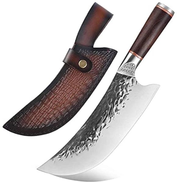 Das etwas andere Messer, Manganstahl Geschmiedet Gebogen Scharf. Hackebeil, Metzgermesser und auch Universalmesser Full Tang Butcher Knife mit Ledertasche