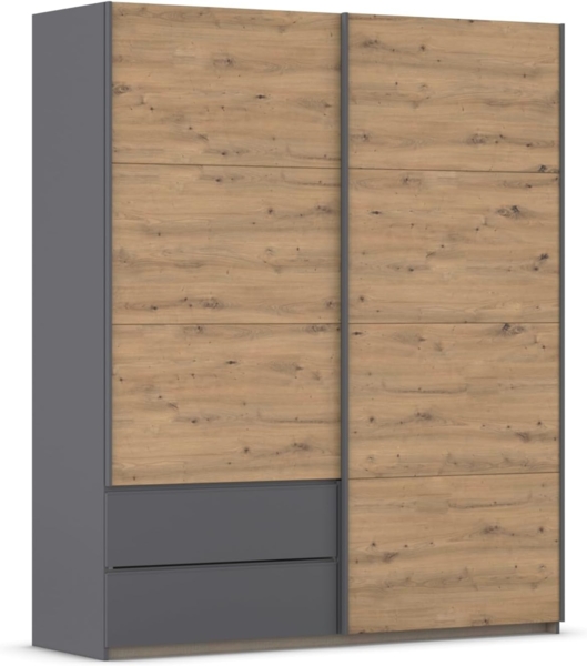 Rauch Möbel Stoke, Schwebetürenschrank, Garderobe, 2-türig, 2 Schubladen, Zubehör Premium, 4 Einlegeböden, Türdämpfer, Farbe Eiche Artisan/Grau metallic, Holz, Schwarz, 175 x 210 x 59 cm