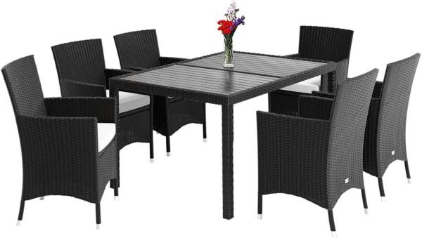 Casaria Garten-Essgruppe, (7-tlg), Polyrattan 6 stapelbare Stühle 7cm dicke Auflagen WPC Gartentisch