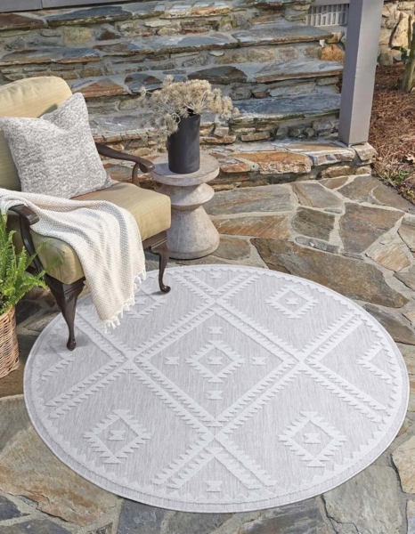 Carpet City Teppich In-& Outdoorteppich Santorini 454, 3D-Effekt, Raute-Optik, rund, Höhe: 5 mm, Wetterfest & UV-beständig für Terrasse, Balkon, Küche, Flur