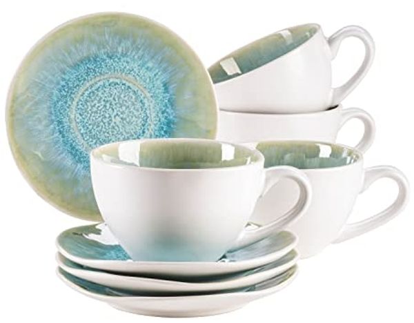 Kaffeetassen Set mit Untertassen für 4 Personen aus schöner Keramik, Cappuccinotassen mit gesprenkelter Glasur, organische Formen im Vintage Look; Grün