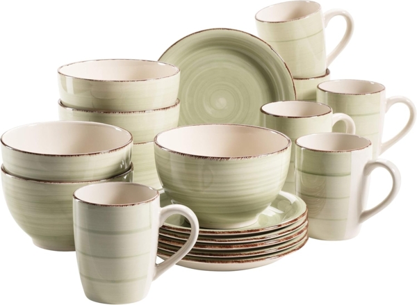 Mäser 931490 Lumaca Frühstück-Service für 6 Personen im Vintage Look, handbemalte Keramik, Geschirr-Set, Steingut, olivgrün, 18-teilig (1 Set)